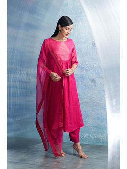Charkhee - Aura Fuchsia Pink Round Yoke Kurta with Palazzo and Dupatta (Set of 3)