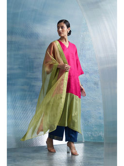 Charkhee - Aura Asymmetric Pink Kurta with Palazzo and Dupatta (Set of 3)