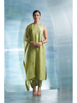 Charkhee - Aura Sheen Green Sleeveless Kurta with Pant and Dupatta (Set of 3)