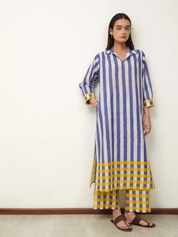 Pink Fort - Blue and Yellow Cotton Stripe Play Shirt Collar Kurta with Palazzo (Set of 2)
