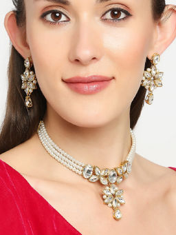 OOMPH - White Pearls & Kundan Ethnic Choker Necklace with Drop Earrings (Set of 2)