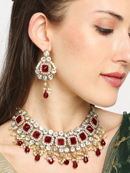 OOMPH - Rani Pink Stones & Kundan Heavy Ethnic Necklace Set with Drop Earrings