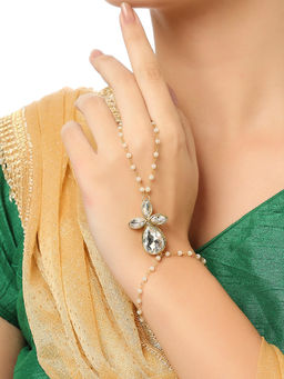 OOMPH - Gold Tone Hathphool Hathpanja Bracelet with Ring Kundan & Pearl for