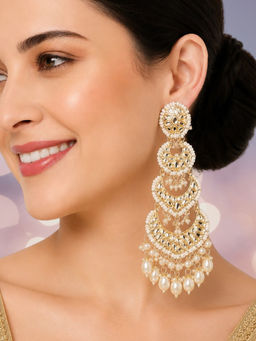 OOMPH - White Pearls & Kundan Jadau Long Chandbali Earrings
