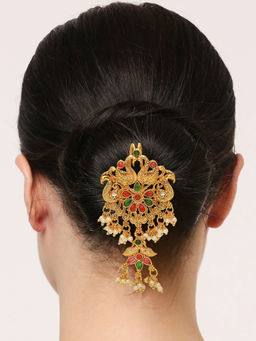 OOMPH - Red Maroon and Green Stones Ethnic Hair Bun Pin Juda Pin Floral Design