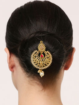 OOMPH - Gold Tone Kundan Hair Bun Pin Juda Pin Ethnic Chandbali Style