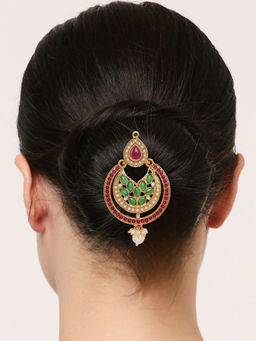 OOMPH - Maroon and Green Kemp Stones Hair Bun Pin Juda Pin Ethnic Chandbali Style
