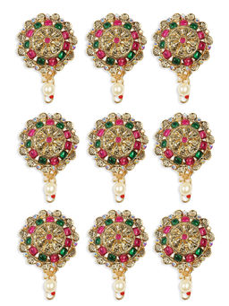 OOMPH - Jadai Billai for Women 9 Pieces with Maroon Green Stones Hair Pin Wedding Bridal