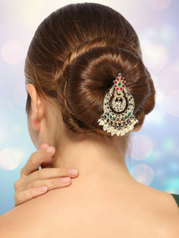 OOMPH - Gold Tone Ethnic Hair Bun Pin - Juda Pin - Jadau Floral Design For Women