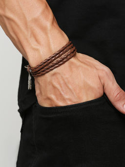 OOMPH - Tan Brown Braided Leather Layer Wrap Fashion Bracelet With Silver Leaf Beads