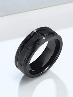 OOMPH - Black Stainless Steel Ring - Brick Pattern Band Finger Ring For Men