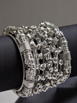 OOMPH - Combo of 6 Oxidised Silver Kashmiri Bangle Set - With Ghungroo - Size 2.6