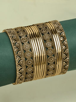 OOMPH - Womens Stylish Latest Antique Gold Bangle Set of 13 (2.6)