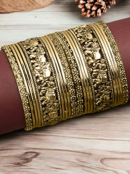 OOMPH - Combo of 18 Antique Gold Elephant Design Bangle Set for Women and Girls Size 2.6 (Pack of 18)
