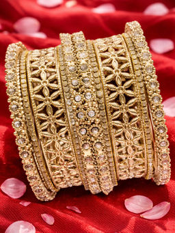 OOMPH - Antique Gold White Floral Design Bangles (Pack of 10) (2.6)