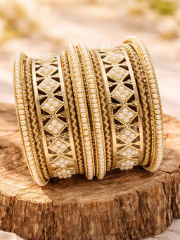 OOMPH - Antique Gold White Pearl Square Shape Design Bangles (Pack of 10) (2.6)