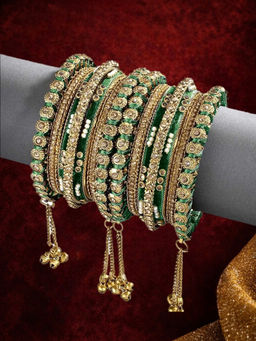 OOMPH - Combo of 10 Green Kashmiri Ghungroo Bangle Set | Silk Thread - Size 2.6