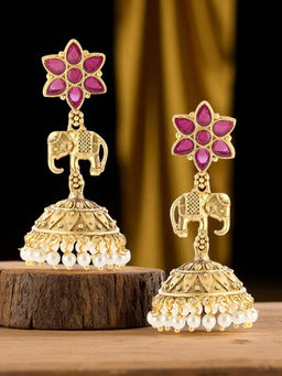 OOMPH - Pink Stone Antique Gold Elephant Design Jhumka Earrings