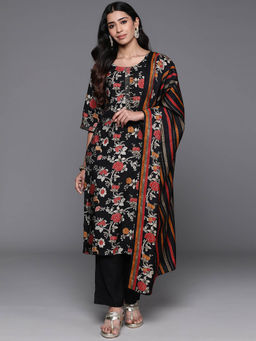 Libas - Women Black Silk Blend Floral Kurta with Pant and Dupatta (Set of 3)