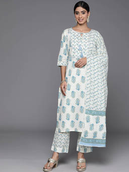 Libas - Women Blue Pure Cotton Floral Kurta with Pant and Dupatta (Set of 3)