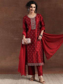 Libas - Women Red Silk Blend Embroidered Kurta with Pant and Dupatta (Set of 3)