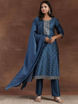 Libas - Women Teal Silk Blend Embroidered Kurta with Pant and Dupatta (Set of 3)