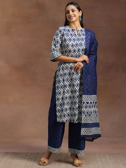 Libas - Women Navy Blue Pure Cotton Printed Kurta with Palazzo and Dupatta (Set of 3)