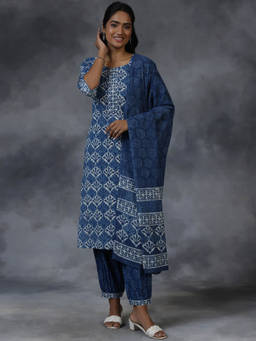 Libas - Women Blue Pure Cotton Printed Kurta with Salwar and Dupatta (Set of 3)