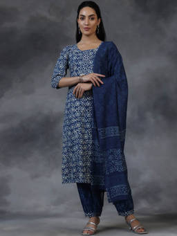 Libas - Women Blue Pure Cotton Printed Kurta with Salwar and Dupatta (Set of 3)