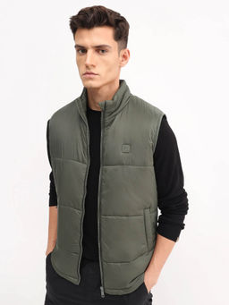Rare Rabbit - Olive Polyester Sleeveless High Neck Puffer Jacket