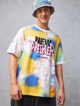 Bewakoof - Men's White & Yellow New World Graphic Printed Tie & Dye Super Loose Fit T-shirt