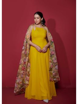 NUD - Canary Yellow Anarkali Dress with Dupatta (Set of 2)