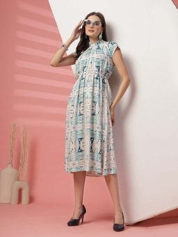 Indibelle - Teal Abstract Print Rayon Flared Dress
