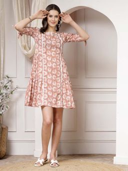 Indibelle - Cotton Brown Floral Print A-Line Mini Dress