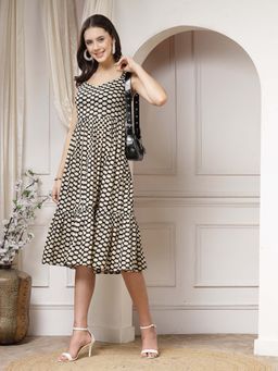 Indibelle - Cotton Black Polka Dots Flared Midi Dress