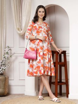 Indibelle - Cotton Orange Floral Print A-Line Knee Length Dress