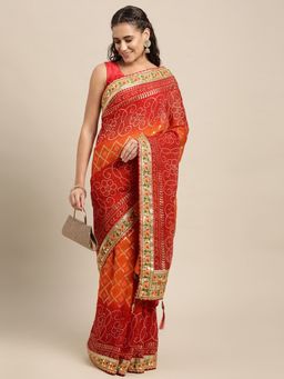 Vastranand - Maroon & Orange Sequinned Bandhani Saree with Unstitched Blouse