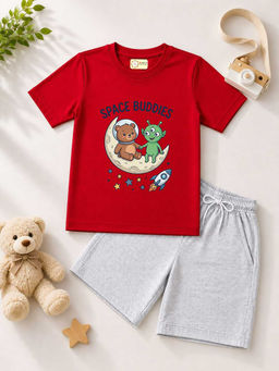 MALKIAT - Kids Red Pure Cotton Graphic Printed T-shirt and Shorts