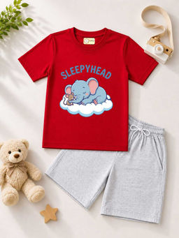 MALKIAT - Kids Red Pure Cotton Graphic Printed T-shirt and Shorts