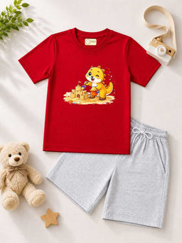 MALKIAT - Kids Red Pure Cotton Graphic Printed T-shirt and Shorts