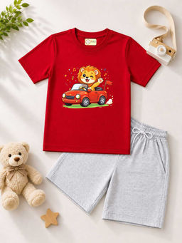 MALKIAT - Kids Red Pure Cotton Graphic Printed T-shirt and Shorts