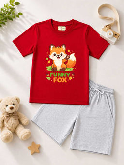 MALKIAT - Kids Red Pure Cotton Graphic Printed T-shirt and Shorts