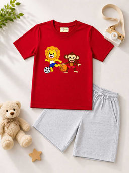 MALKIAT - Kids Red Pure Cotton Graphic Printed T-shirt and Shorts