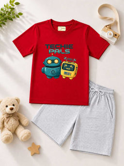 MALKIAT - Kids Red Pure Cotton Graphic Printed T-shirt and Shorts