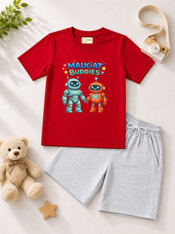 MALKIAT - Kids Red Pure Cotton Graphic Printed T-shirt and Shorts