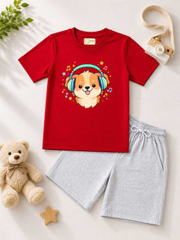 MALKIAT - Kids Red Pure Cotton Graphic Printed T-shirt and Shorts