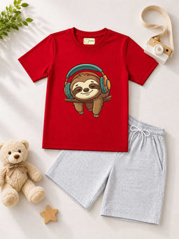 MALKIAT - Kids Red Pure Cotton Graphic Printed T-shirt and Shorts