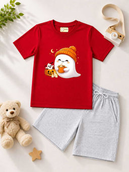 MALKIAT - Kids Red Pure Cotton Graphic Printed T-shirt and Shorts