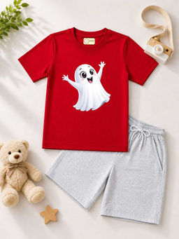 MALKIAT - Kids Red Pure Cotton Graphic Printed T-shirt and Shorts