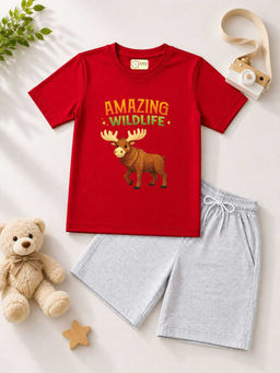 MALKIAT - Kids Red Pure Cotton Graphic Printed T-shirt and Shorts